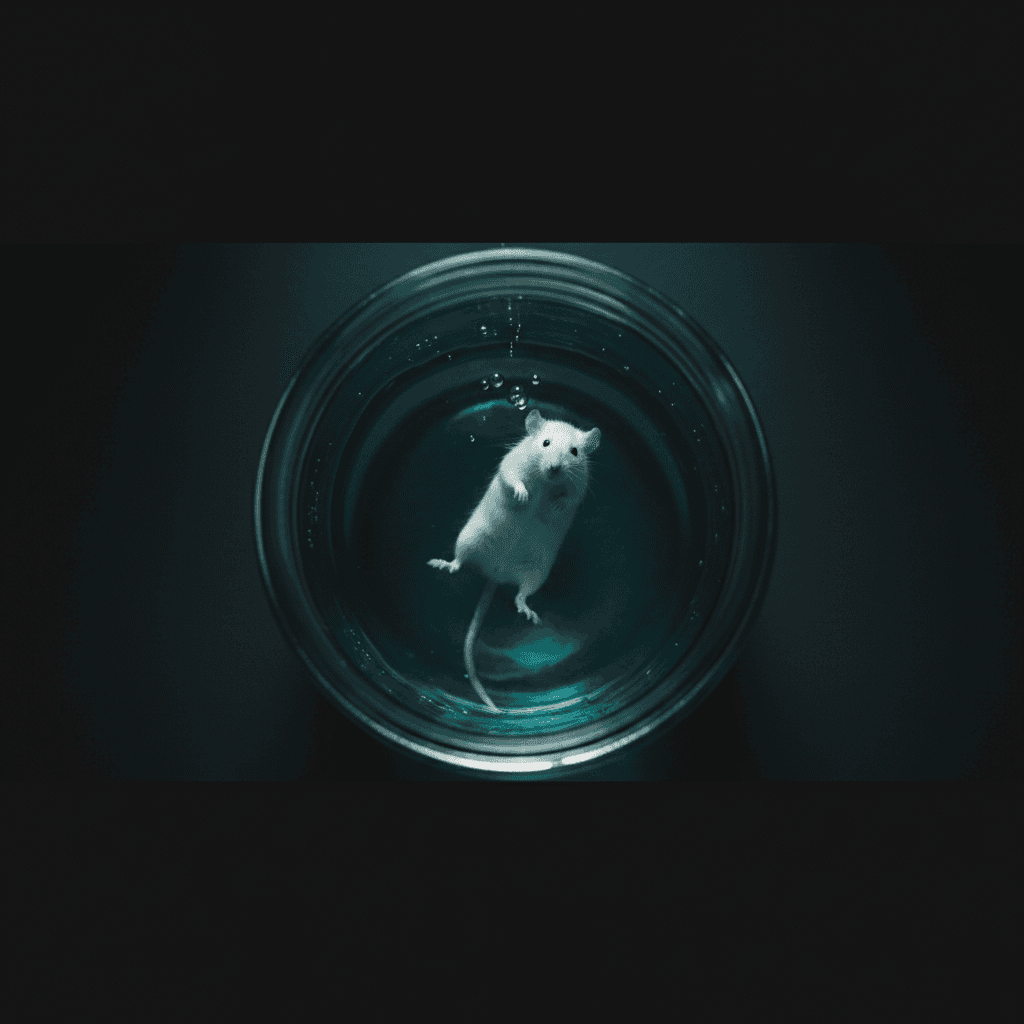 A white rat floating in dark water inside a glass jar, viewed from above